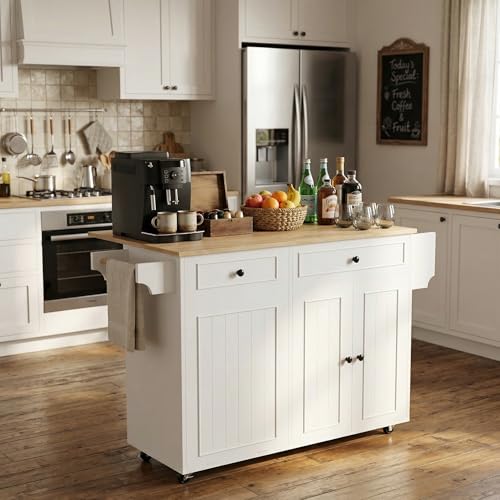 MEETFAV Modern Kitchen Island Cart with Power Outlet & Drop Leaf, Rolling Storage Island Table with Concealed Trash Bin Holder, Mobile Breakfast Bar with Drawer, Adjustable Shelf and Spice Rack - image 8