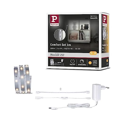 Paulmann MaxLED 250 78895 250-Juego de 2 estanterías (1 m, 300 LM/m, 30 ledes/m, Incluye 1 x 4 W Regulable Cinta de luz Plateada plástico 2700 K, Plata