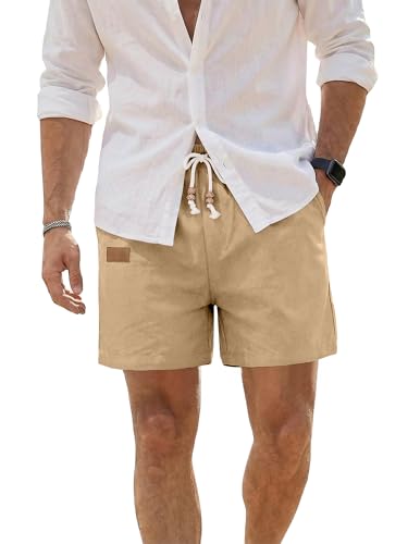 JMIERR Mens Shorts 5 inch Casual Linen Fashion Elastic Waist Drawstring Summer Beach Stretch Cruise Golf Dress Cotton Shorts with Pockets, M, A Beige