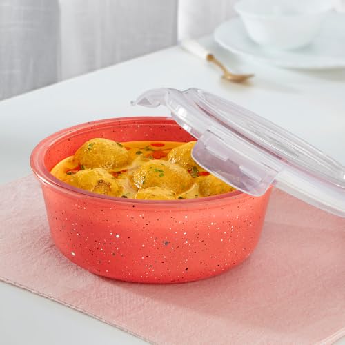 Image of Borosil 1.5 L Kube Pink Food Storage Container with Air Tight Lid | Round Shape Borosilicate Glass Organiser | Microwave & Dishwasher Safe | For Fridge, Kitchen Storage