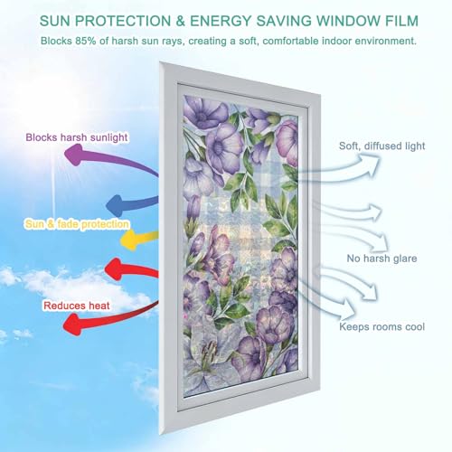 Película decorativa para ventanas con flores púrpura y blanco 17.7x39.3 pulgadas miniatura 6