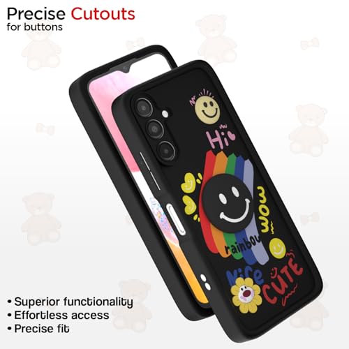 Image of Pikkme Back Cover for Samsung Galaxy A14 5G | Soft Silicone| Cute Rainbow Smile & 3D Cartoon Flower Design | Shockproof Raised Camera Protection Bumper Case (Black)