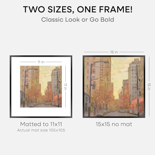 Image of Homeforia 15x15 Picture Frame Black, High End Metal 15 x 15 Square Poster Frames with Mat 11 x 11 Photo, 15x15 Black Frame Matted to 11x11 Print, 15by15 Thin Frames, Tempered Glass, Wall Kit, Set of 2