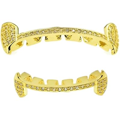 CZ Fang Grillz Set 14k Gold Plated Lower Half Teeth Cubic Zirconia Slim Bar Vampire Fangs Grills