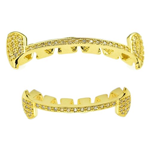 Bling Cartel Cz Fang Grillz Set 14K Gold Plated Lower Half Teeth Cubic Zirconia Slim Bar Vampire Fangs Grills #TOP19