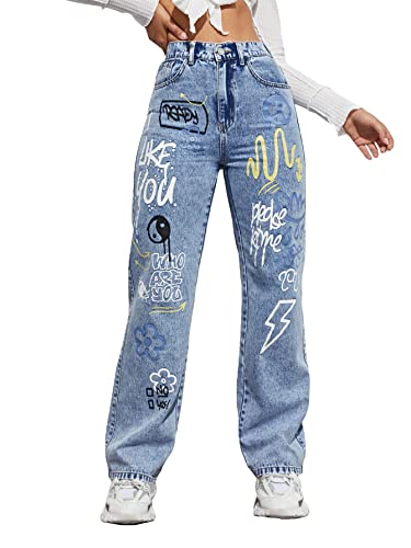Floerns Women's Pattern Printed High Waist Wide Leg Straight Denim Jeans Pants
