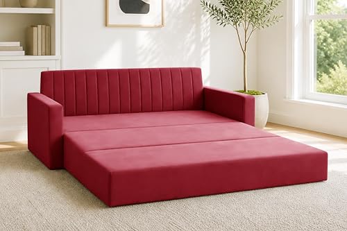 Image of Modern 3 Seater Sofa Cum Bed with Armrest, Velvet Fabric Couch for Living Room, Space Saving Foldable Sleeper Sofa, (Red-Color)