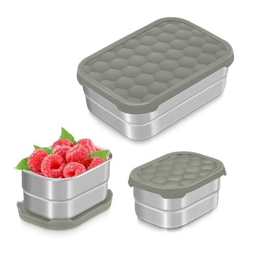 TeamFar Stainless Steel Lunch Containers for Kids, (25oz+8oz*2) Leak Proof Food Snack Containers with Silicone Lids, Metal Toddler Bento Box for School Daycare Picnic, Non-Toxic & Leak-Proof, Grey