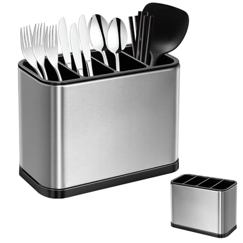 MeYuxg Soporte para cubiertos con 4 compartimentos, cesta de acero inoxidable, caja de almacenamiento para cubiertos de cocina con bandeja de goteo extraíble para cubiertos, tenedores, cuchillos