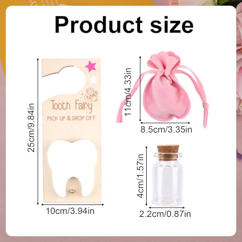 BOXOB Zahnfee-Zahnhaltertasche, Zahnfee-Türhänger mit Schlitz Türhalter aus Holz mit Jutebeutel und Erinnerungsflasche als Dekoration fürs Kinderzimmer Ermutigendes Geschenk (Rosa)