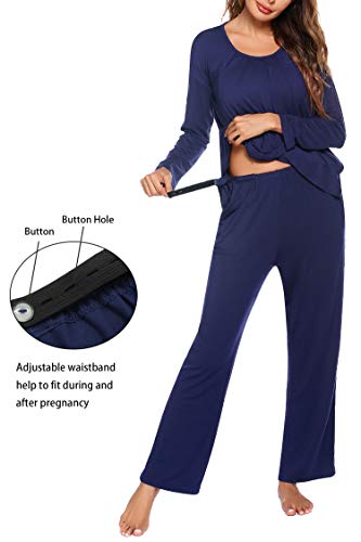 Ekouaer Double Layers Labor/Delivery/Nursing Maternity Pajamas Long Sleeve With Pocket Pants Set Adjustable Size For Hospital Home Breastfeeding Sleepwear Blue M #TOP1