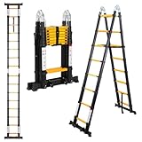 5 M (2,5 + 2,5) Escalera telescópica con ruedas, escalera plegable hasta 150 kg, escalera extensible portátil, escalera de aluminio con patas antideslizantes para techo, ático y caravana, color negro