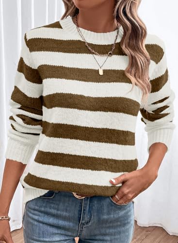 Image of Dokotoo Sweaters for Women 2026 Crewneck Striped Cute Color Block Fall Winter Knitted Pullover Tops