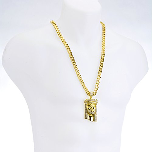 Hip Hop Fashion Iced Out Rapper 14K Gold Plated Iced Jesus Pendant 30" Heavy Cuban Chain Necklace HC 6003 G3