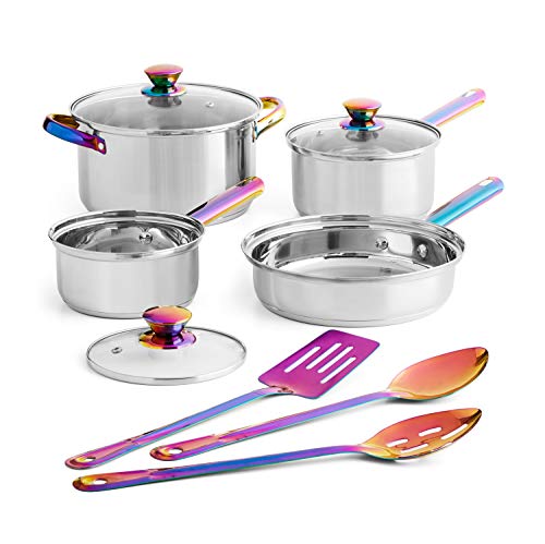 Mainstays Iridescent 10 Piece Cookware Set! Includes 8.5 Inch Saute Pan, 1 Qt