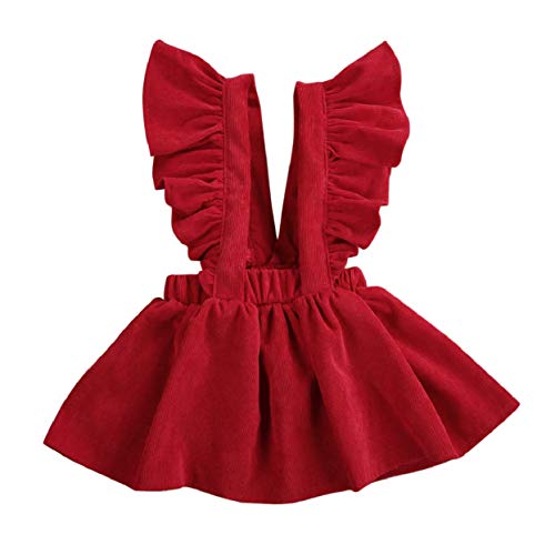Toddler Baby Girl Velvet Backless Ruffle Strap Overalls Skirt Solid Sleeveless Suspender Tutu Dress Spring Fall Summer (5-6T, Red) #TOP2