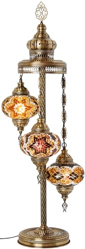 DEMMEX Lámpara de pie y mesa de mosaico marroquí turco – Luz bohemia estilo Tiffany hecha a mano, 3 globos grandes de 7 pulgadas, decoración artesanal, 37 pulgadas de alto, acabado de latón antiguo