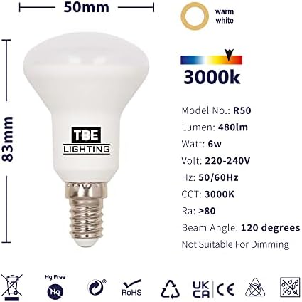 TBE LIGHTING 6W LED R50 Reflector Bulb - Pack of 2 - E14 Small Screw Base, 40w Equivalent Non-Dimmable Energy Saving LED R50 Bulb, 480 Lumen Output, 20,000Hrs Life Expectancy (3000K Warm White)