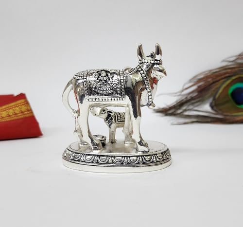 Image of Gold Art India Kamdhenu Cow and Calf Idol | Silver Finish Decorative Murti | 7.62 cm x 7.62 cm | Sacred Gau MATA Statue for Home Temple & Gift