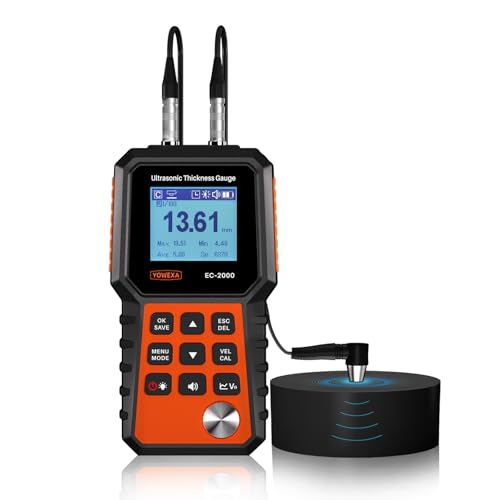 YOWEXA EC-2000 Ultrasonic Thickness Gauge for Steel, Metals, Plastic, Glass, PVC, 0.04–15.7in (1–400mm) Range, Backlit LCD, Adjustable Sound Velocity, Data Storage, Industrial Measuring Instrument