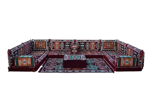 arabicsofa U Shaped Maroon Arabic Sofa Seating Set – Low Modular Sofa for Living Room