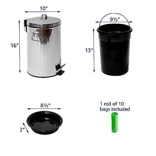 Pet Fit For Life 16\" Tall Galvanized Steel Trash Can - Features Step Foot Pedal, Lid Lift - Plastic Inner Lining & Custom Liner Bags - Weather-Resistant, Anti-Dog, Covered Bin for Lawn & Yard