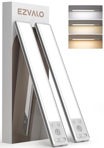 EZVALO Schrankbeleuchtung LED mit Bewegungsmelder, 20CM 62 LED Schrankleuchte Kabellos & 1600mAh Aufladbar, 3 Farbmodi Dimmbar Schranklicht, Unterbauleuchte Küche für Schrank, Küche, Silber (2 Stück)
