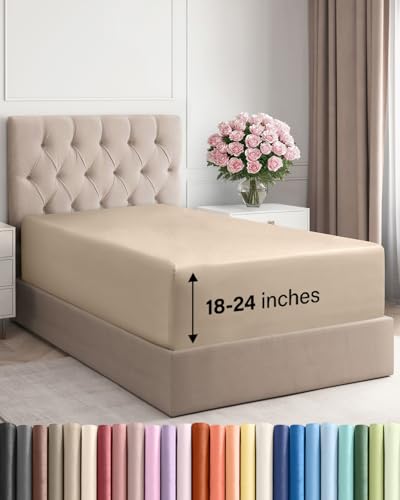 Image of Extra Deep Twin Fitted Sheet - Single Fitted Sheet Only - Cream | Easily Fits 18 inch to 24 inch Mattress, Soft, Wrinkle Free, Breathable & Comfy, Extra Deep Pockets Hotel Luxury Fitted Sheet