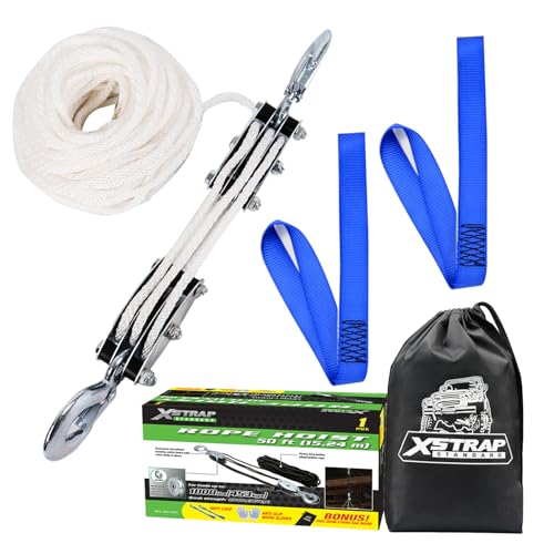 XSTRAP STANDARD Heavy-Duty 2,000 LB Breaking Strength 50 FT Rope Hoist, Metal Wheels Bearing 1000 LB Work Load Block and Tackle Pulley System for Lifting Heavy Objects (White)