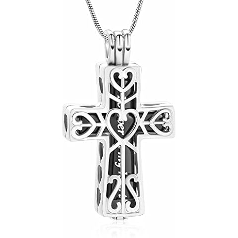 Forever in My Heart Corss Urn Necklace for Ashes, Stainless Steel Hollow Double Cross Cremation Urn Jewelry Memorial Necklace Pendant for Ashes for Women, Stainless Steel, No Gemstone Cover