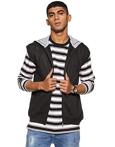 Image of Teemoods Men's Cotton Fleece Sleeveless Hooded Jacket - Casual Zip Up Vest for Gym Workout, Running, Aerobics, Yoga - Regular Fit with 2 Pockets
