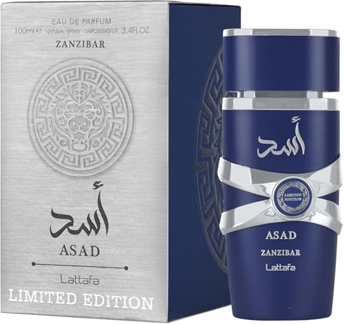 Lattafa Asad Zanzibar Limited Edition Aquatic Spicy Woody Amber Eau de Parfum Spray Long-Lasting Fragrance for Men 3.4 Ounce / 100 ml