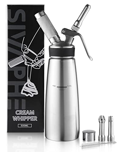 Sivaphe 500ML Whipped Cream Dispenser Stainless Steel, 1-Pint Dessert Cream Whipper with Brush & Decorating Nozzles Homemade Gourmet?Chargers Not Included)