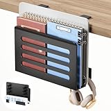 ROLIZOE 3 in 1 Desk Side Storage No Drilling Under Desk Laptop Holder with Headphone Hook & Cable Management Tray, Under Desk Storage Steel Clamp Anti-Slip Magazine File Holder for Desk Accessories