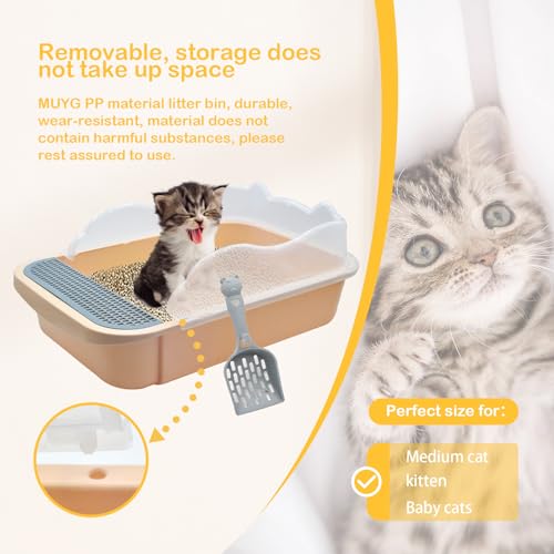 Image of Open Cat Litter Box with High Side,Anti-Splashing Cats Litters Pan,Kitten Toilet with Litter Sifting Scoop,Semi-Enclosed Removable Kittens Litter for Boxes Easy to Clean No Odork(Khaki)