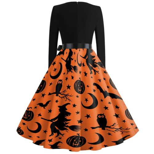 Vestido Halloween mujer con manga larga y falda midi evasé de calabazas 3