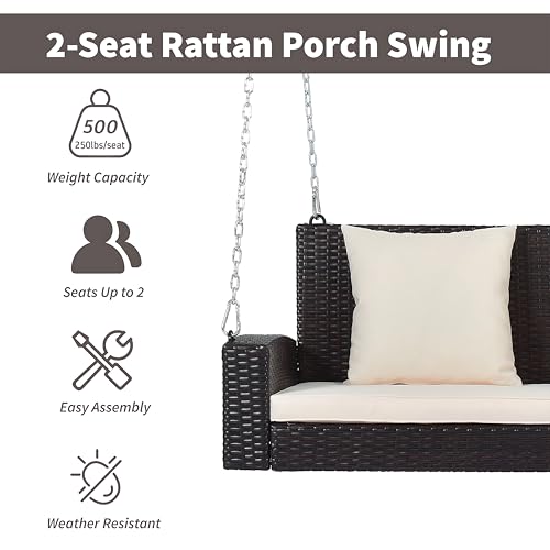 Image of Patio Outdoor Double Seater Swing Chair Without Stand for Balcony, Garden | Weather Resistant Rattan & Wicker Hammock Jhula for Adults | Outdoor Sofa Swing (Brown & Light Cream)