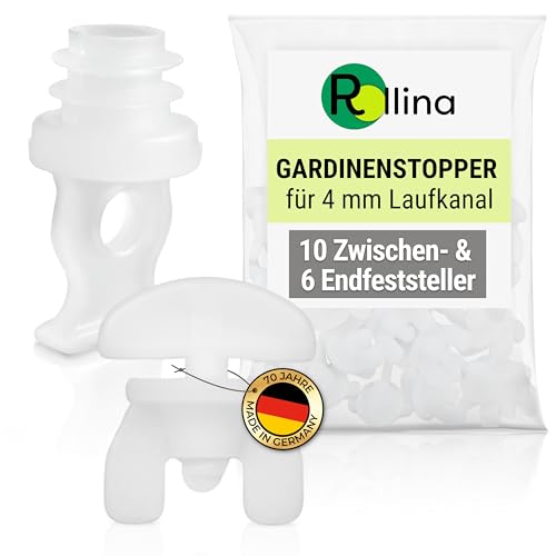Rollina Gardinenstopper für Schienen | Stopper für Gardinenschiene | Standardgröße für Vorhangschienen mit 4 mm Laufkanal (10 Zwischen- & 6 Endfeststeller)