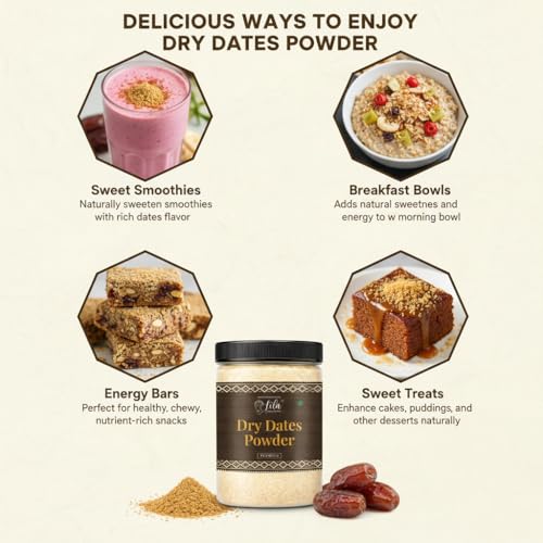 Image of LILA DRY FRUITS Dry Dates Powder 100 gms Natural Khajoor Powder for Milk, Sweets & Baking | Fine Ground Date Natural Sweetener | Healthy Sugar Substitute Perfect for Kids Children
