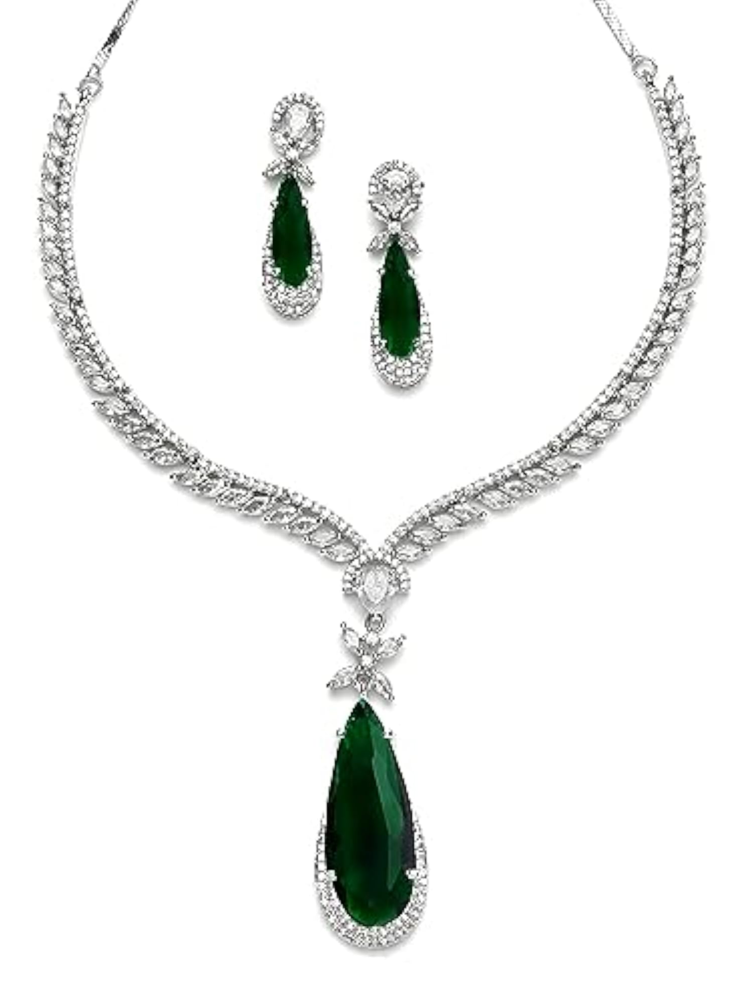 Women's Silver Tone Drop Shape American Diamond Studded Jewellery Set