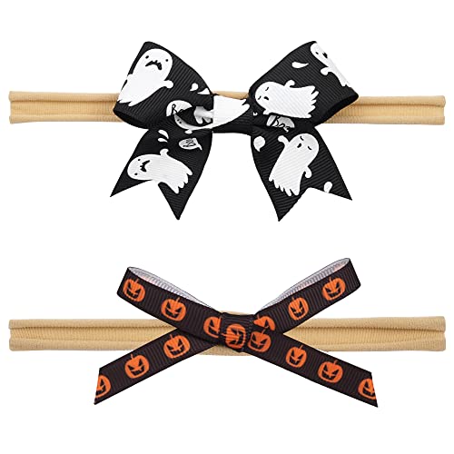 Image of Ayesha Halloween Headband for Baby Bows Headbands Pumpkin Ghost Printed Hair Headband Halloween Hair Accessories for Baby Girl Newborn Infant Toddler Cosplay Party Supplies Halloween (Orange)