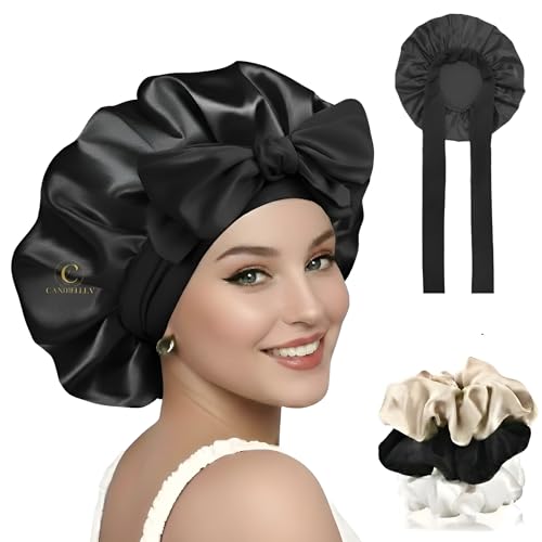 Image of Soft Silk Bonnet With 3 Scrunchies, Adjustable Silky Hair Cap for Sleeping, Satin Bonnet for Curly Hair With Soft Jersey Fabric Tie Band (Rose) (Mulberry)