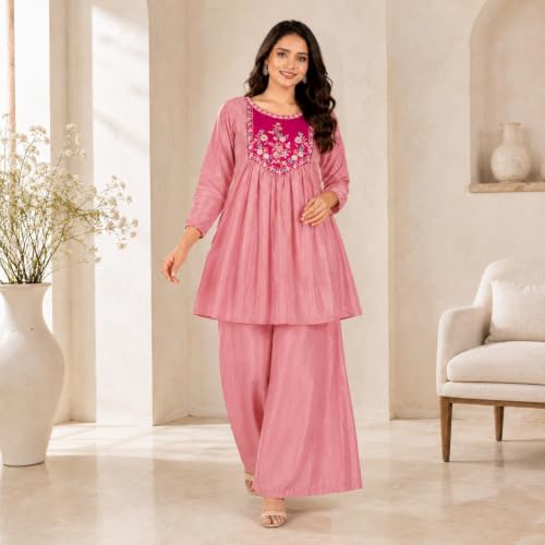 Image of Embroidered Sharara Set for Women | Roman Silk Short Kurta with Flared Sharara Pants | Designer Festive Ethnic Wear Suit Set for Weddings, Sangeet & Celebrations