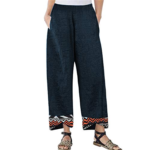 pedkit Mulheres do vintage Pernas Largas Calças Geometria Impressão Cintura Elástica Bolso de Linho