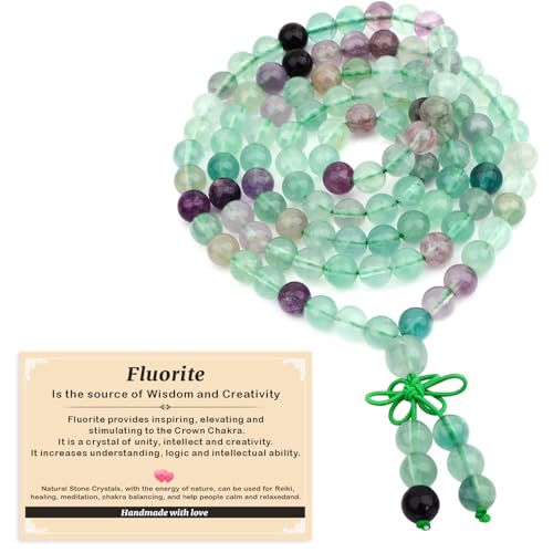 AD Beads 8mm 108 Prayer Mala Fluorite Elastic Bracelet - Wisdom and Creativity - Handmade Yoga Meditation Healing Power Energy Gifts for Unisex Adult.