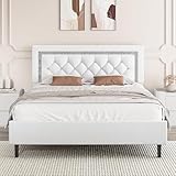Queen Bed Frame with Tufted Button Headboard, Upholstered Platform Bed Frame with Diamond Design, Wood Slat Support, No Box Spring Needed, Easy Assembly, White