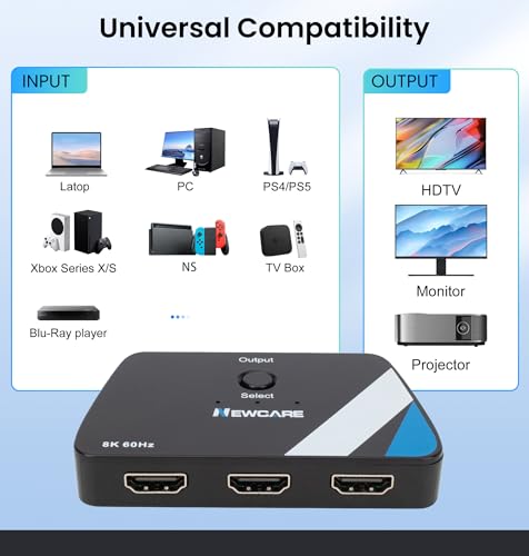 Image of HDMI 2.1 Switch 3 in 1 Out, 4K@120Hz 8K@60Hz 48Gbps w / 2.6ft 8K HDMI Cable | HDMI Splitter Switch Supports HDR10+, ALLM, VRR, Dolby, 3D and HDCP2.3, Compatible with PS5, PS4, Xbox, TV and Projector