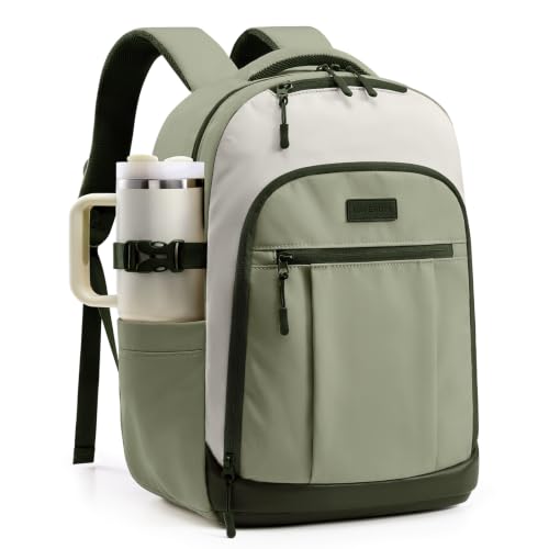 Image of LOVEVOOK Laptop Backpack for Women, Waterproof Work Travel Backpack with Large Cup Pockets for Teacher Nurse, 15.6 inch Computer Bag College Bookbag Daypack, Gifts for Women, Green-White