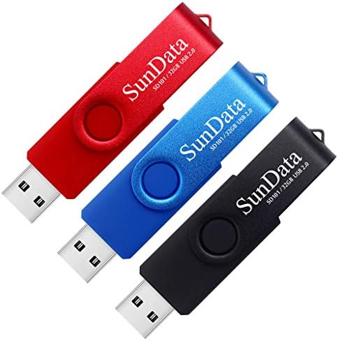 SunData 32GB Memory Stick 5 Pack USB 2.0 Flash Drive Swivel Design Thumb Drives USB Stick Pen Drive for Data Storage with LED Light (5 Colors: Black Blue Green Red Gold)