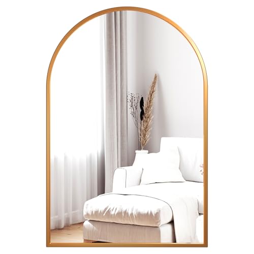 Dripex Miroir Mural Arche 60×90cm Or, Grand Miroir de Maquillage avec Cadre en Alliage d'Aluminium Idéal pour Entrée Chambre Salon Salle de Bain